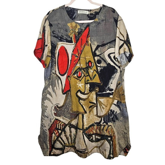 SYFS THC Abstract Graphic Tunic Dress XXXL Artsy Art You Wear Brown Pockets Boxy - Picture 1 of 9